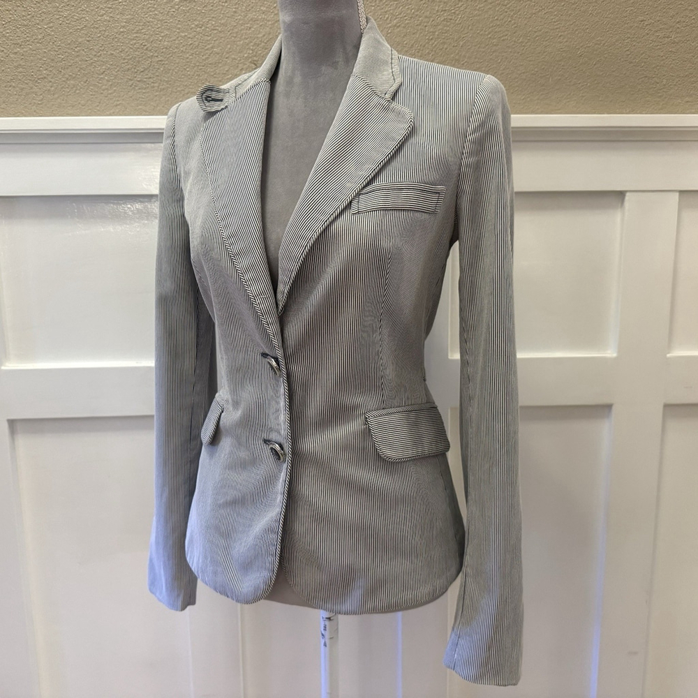 MNG by Mango White/Navy Striped Blazer Size:8 Cotton Pockets Women
